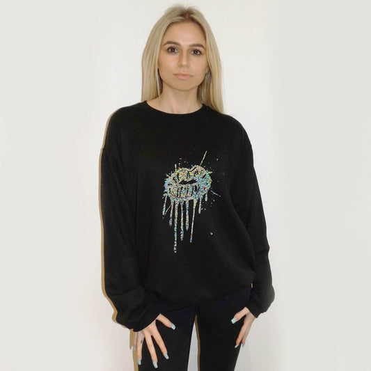 Silver Drip Splat Lip Print Jumper In Black