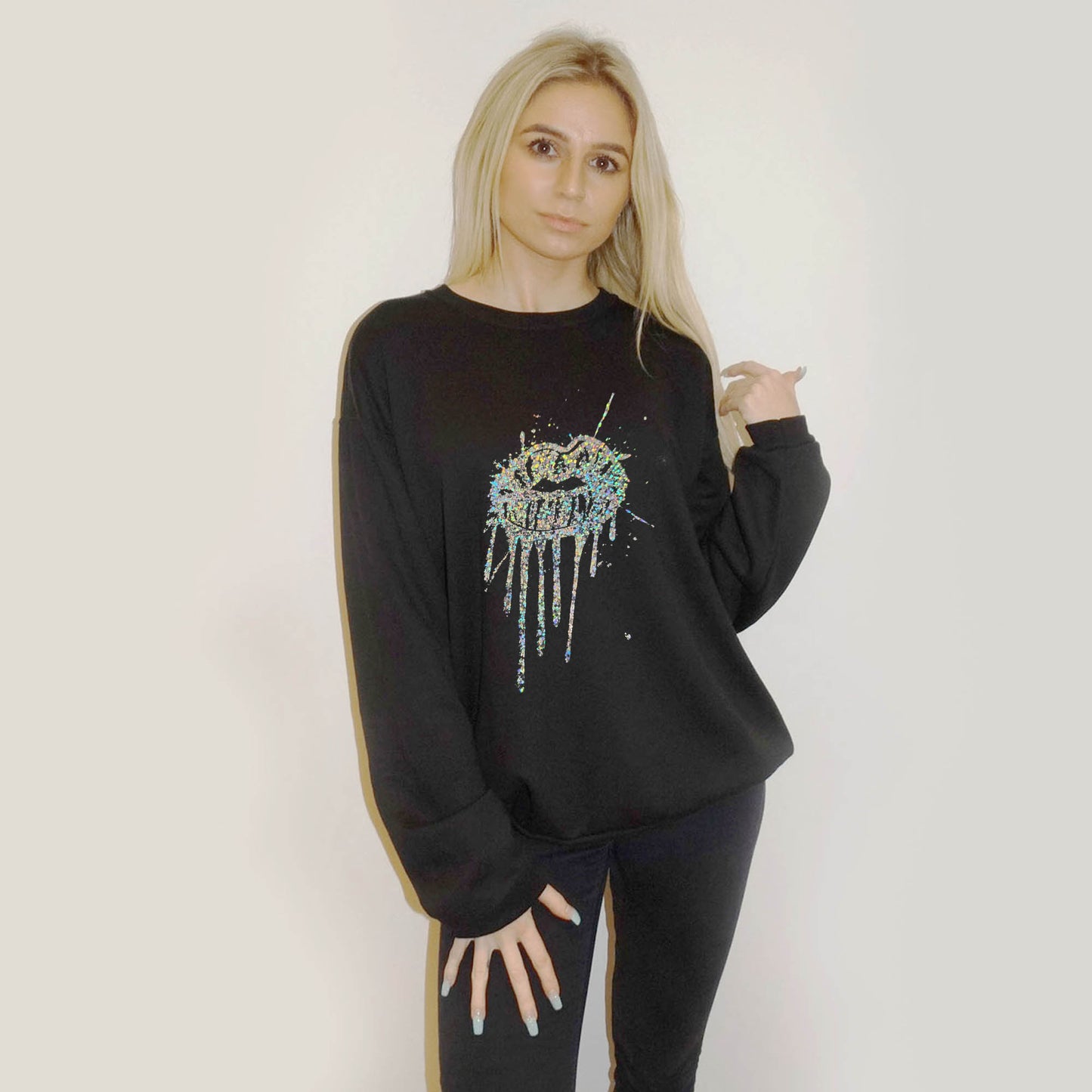 Silver Drip Splat Lip Print Jumper In Black