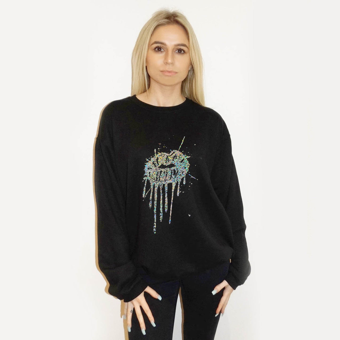 Silver Drip Splat Lip Print Jumper In Black