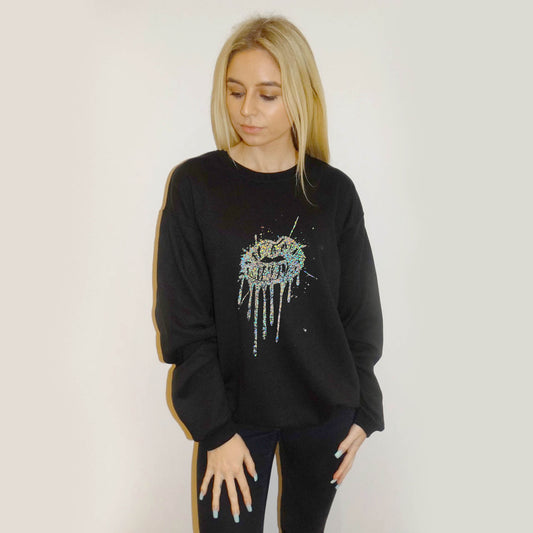 Silver Drip Splat Lip Print Jumper In Black