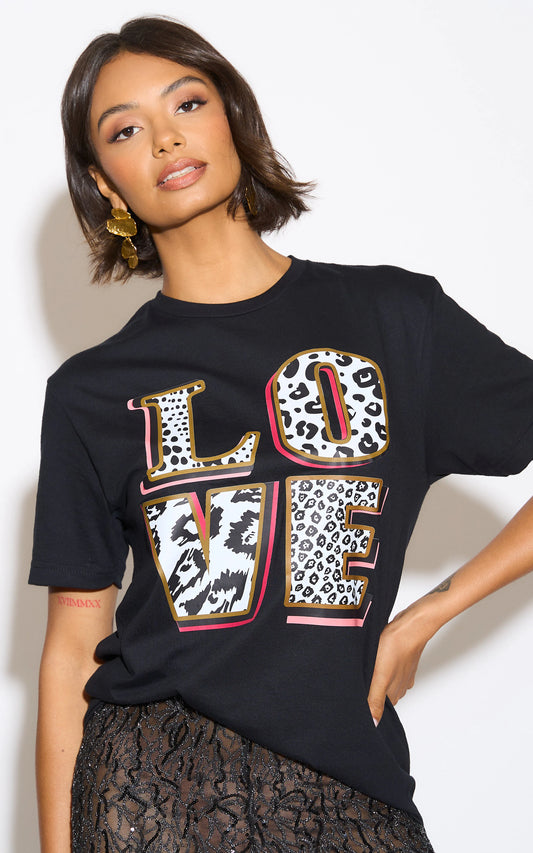 Love In Monochrome Leopard Graphic Tshirt In Black