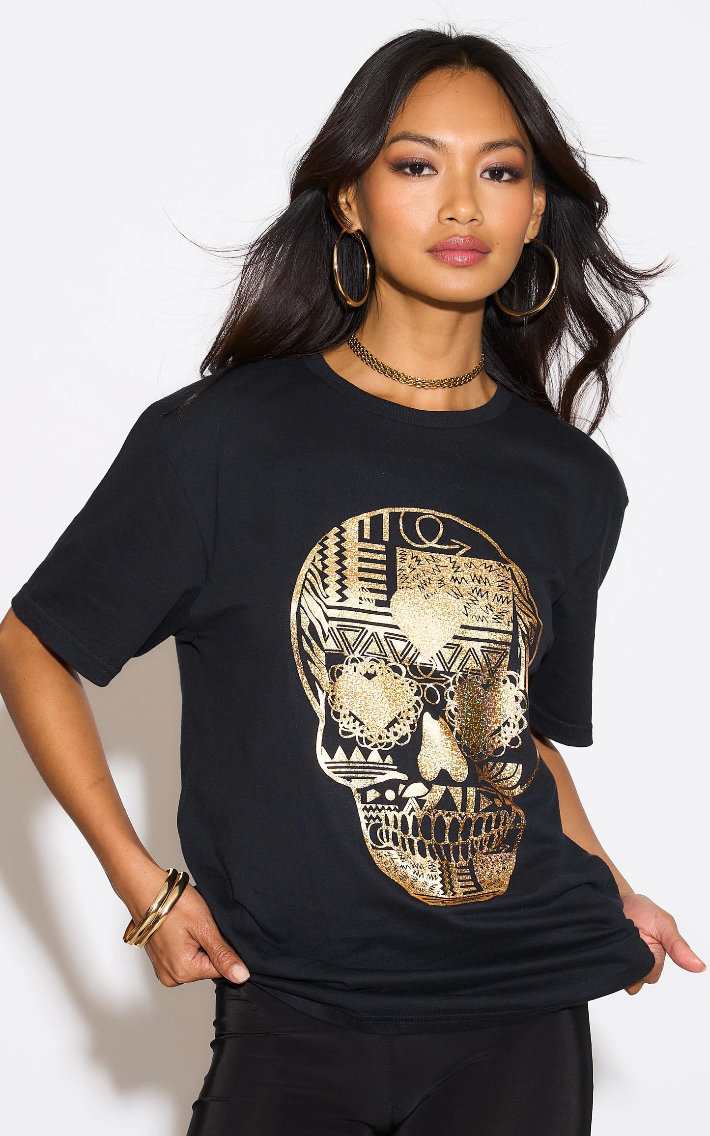 Gold Sugar Skull Halloween Print Tshirt