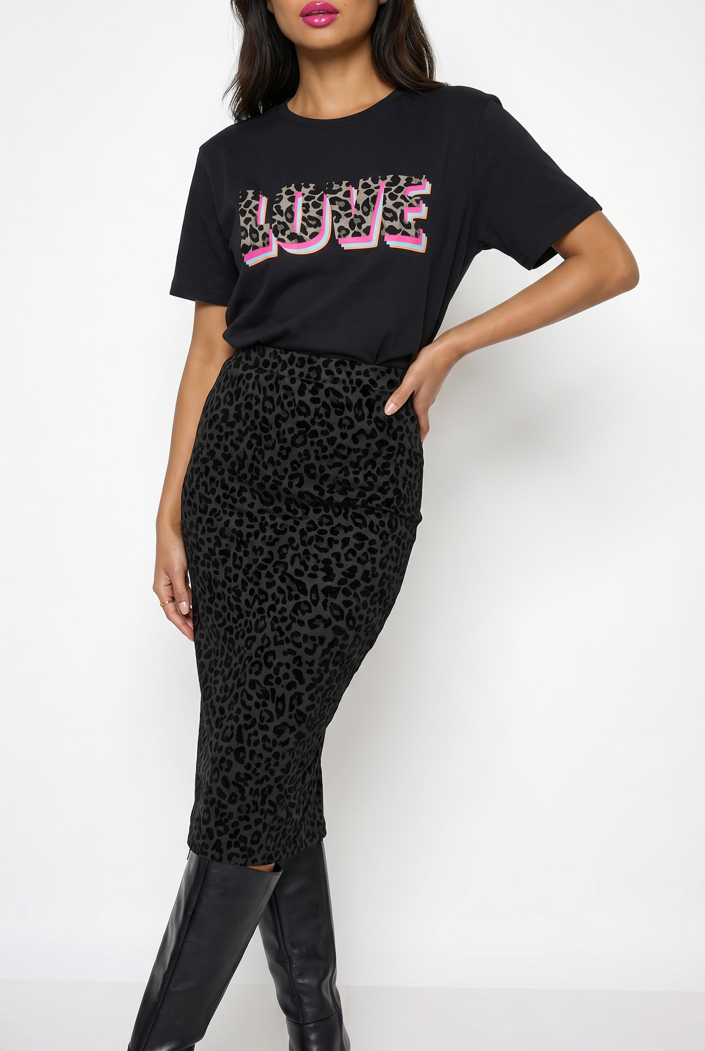 Wildly in Love Black Leopard Graphic Text Tshirt in Black