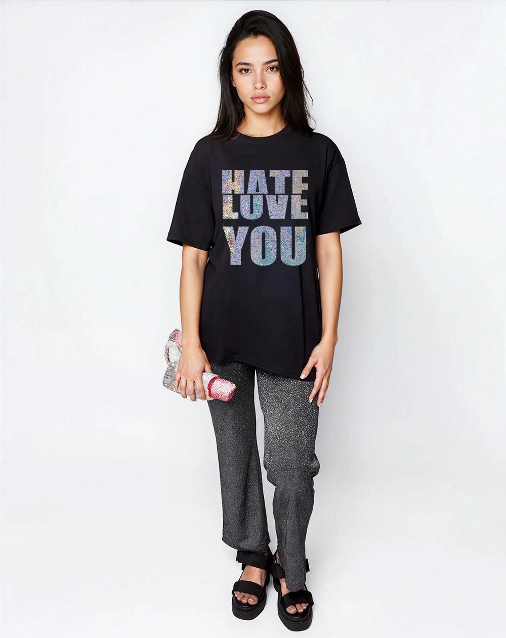 Gold Half-Hearted Love Hate Tshirt In Black