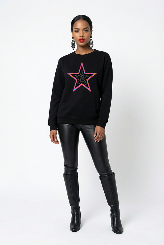 Black And Pink Leopard Star Sweatshirt In Black