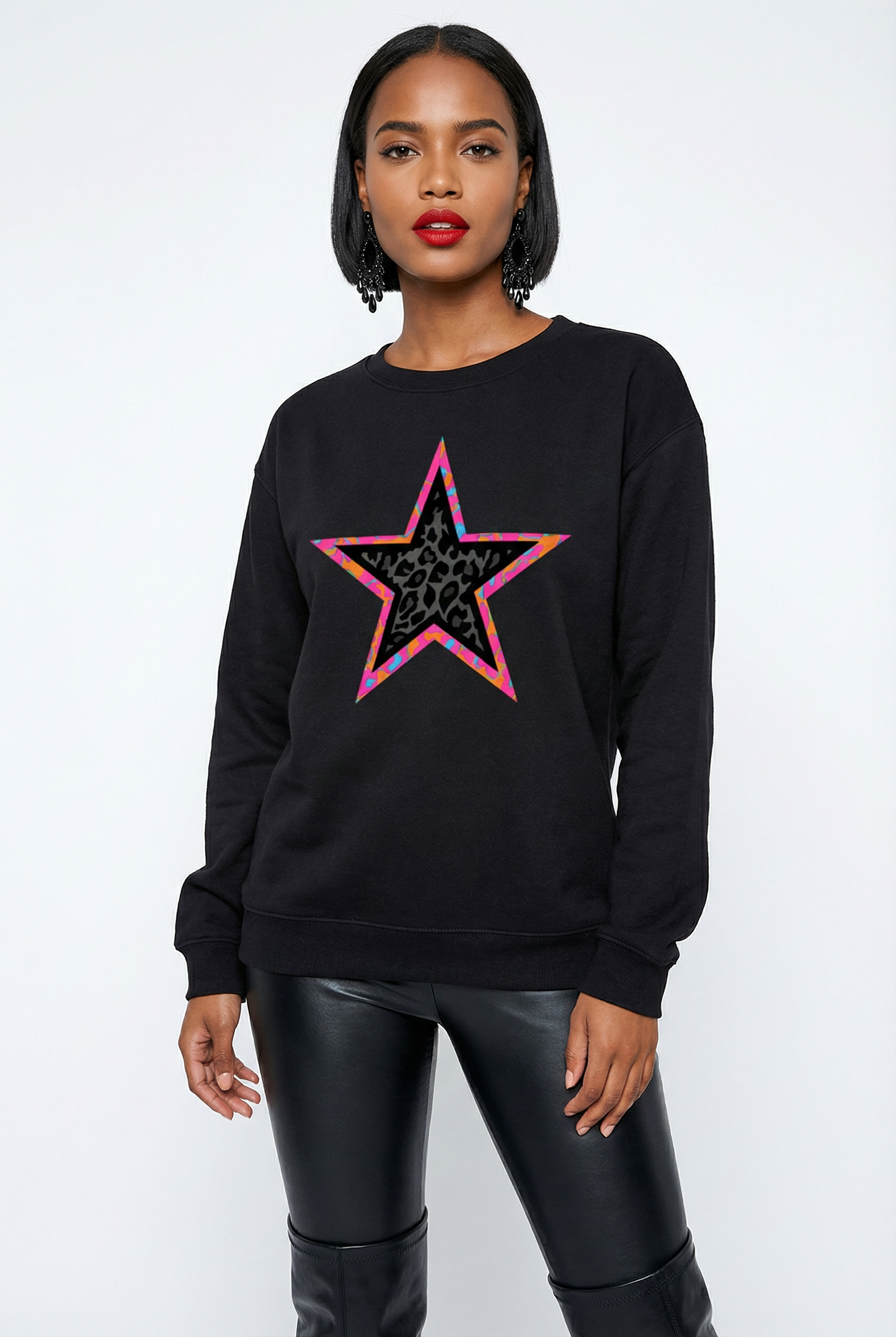 Black And Pink Leopard Star Sweatshirt In Black