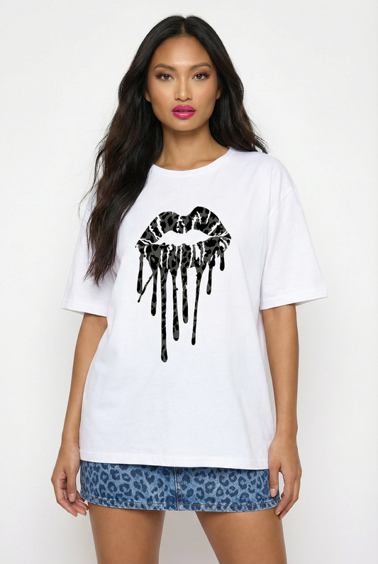Black Leopard Drip Kiss Oversize Tshirt In White