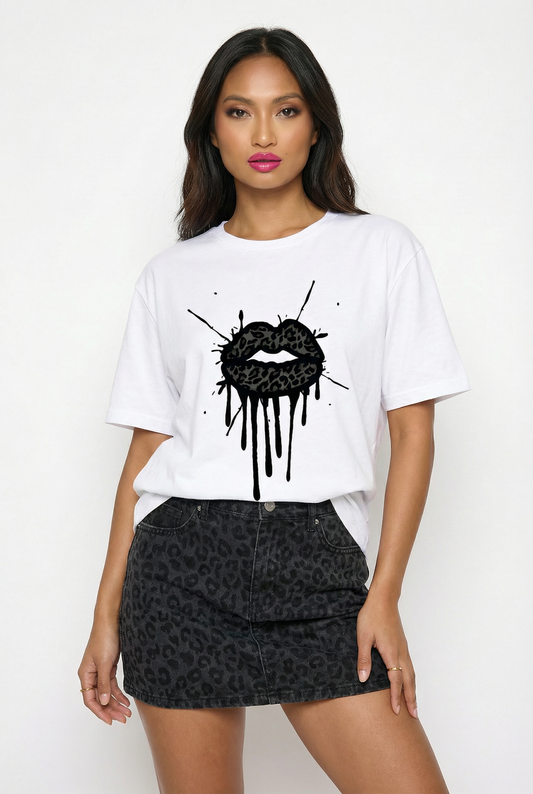 Black Leopard Lip Drip Splat Print Tshirt In White