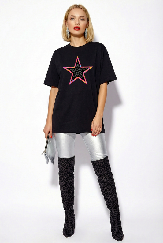 Black T Shirt With Black And Orange Leopard Star Print