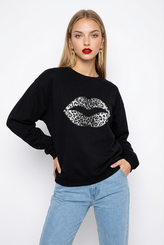 Black And White Leopard Lip Jumper In Black