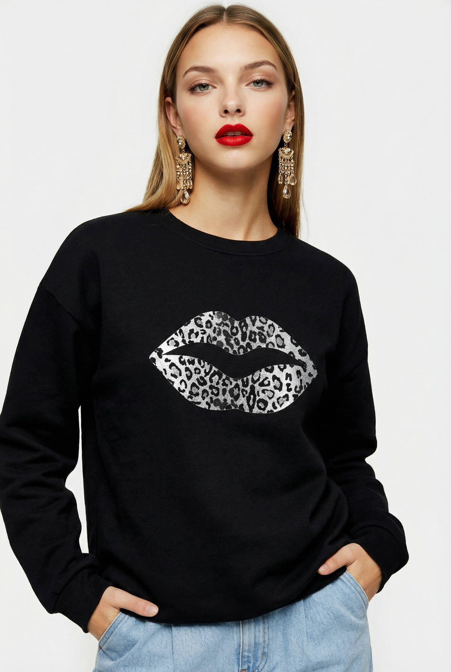 Black And White Leopard Lip Jumper In Black