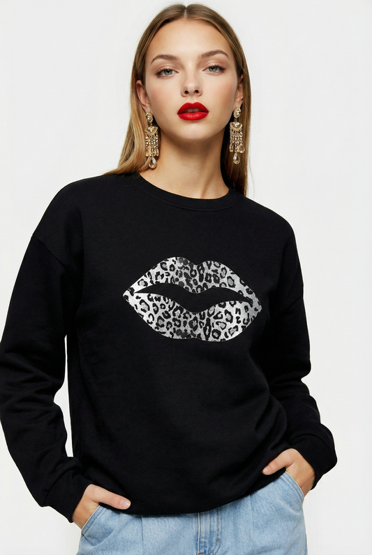 Black And White Leopard Lip Jumper In Black