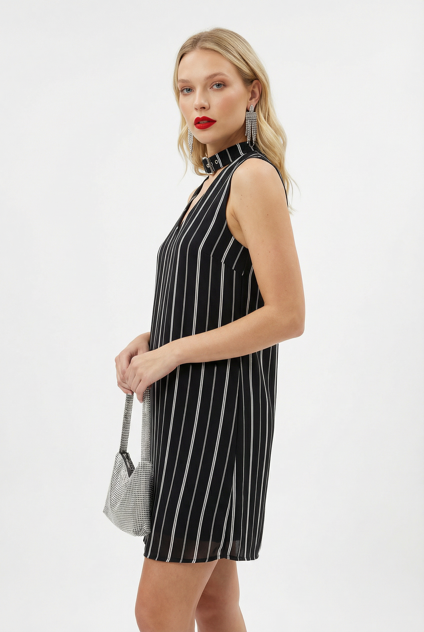 Black And White Pinstripe Choker T-shirt Dress