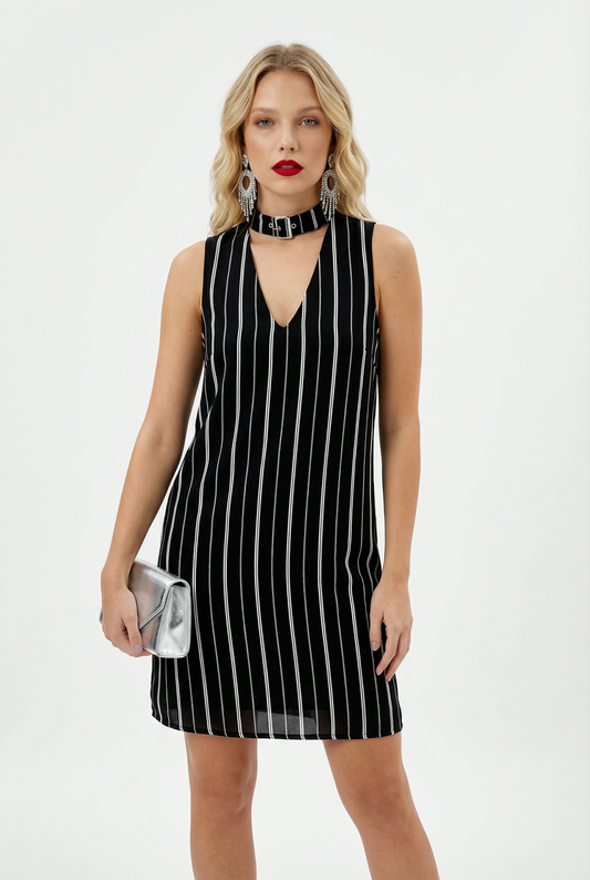 Black And White Pinstripe Choker T-shirt Dress