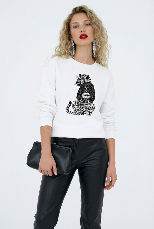 Black Leopard Hooded Hunter Sweatshirt in White