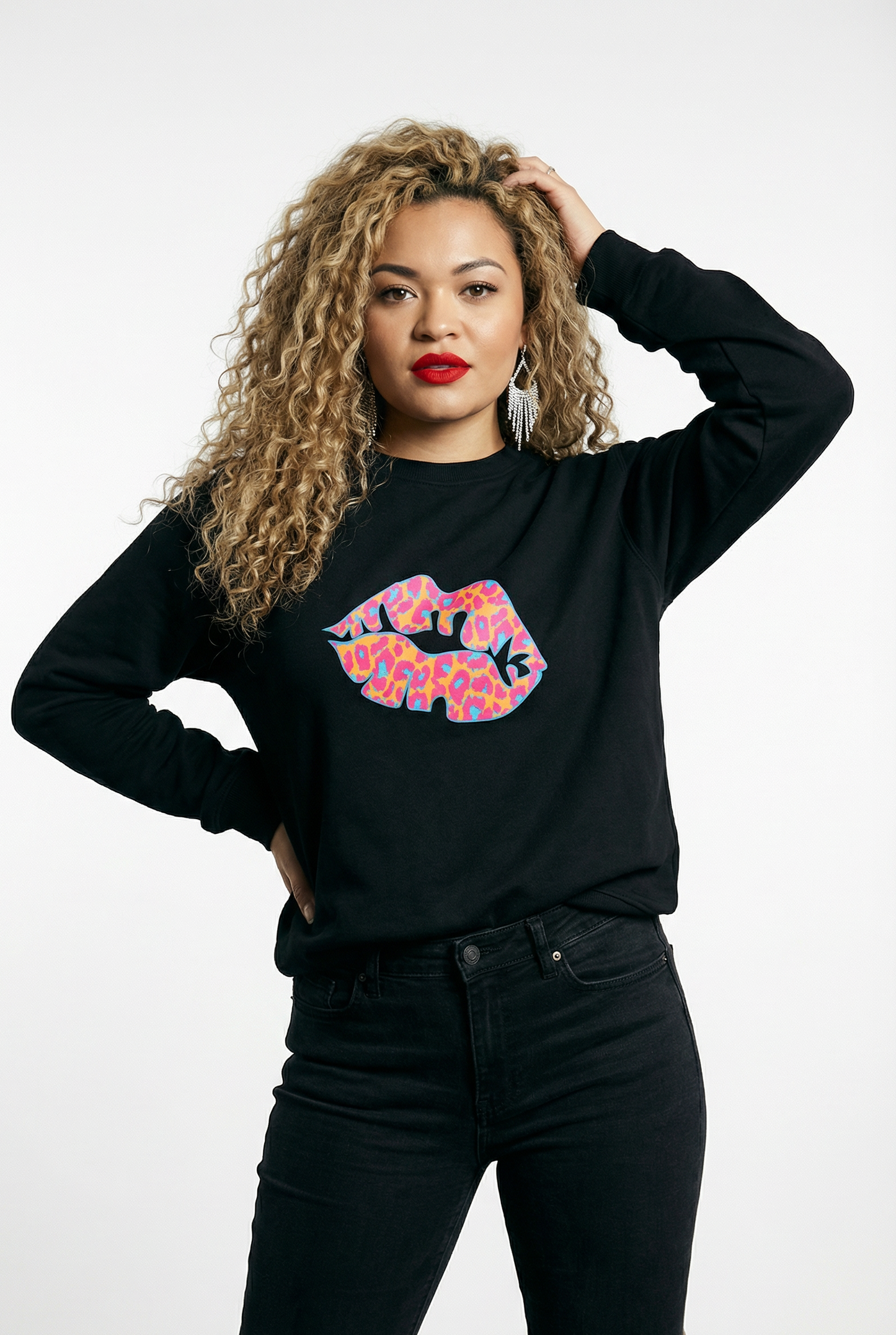 Black Oversize Sweatshirt With Orange And Blue Leopard Lip Print