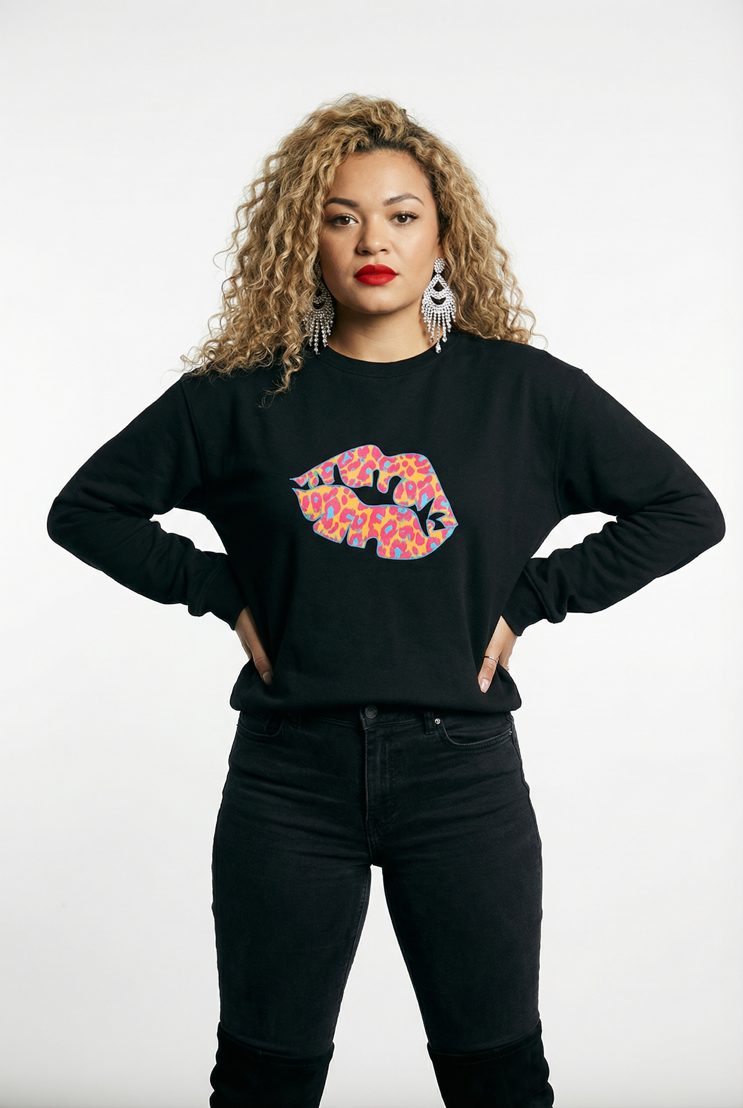 Black Oversize Sweatshirt With Orange And Blue Leopard Lip Print