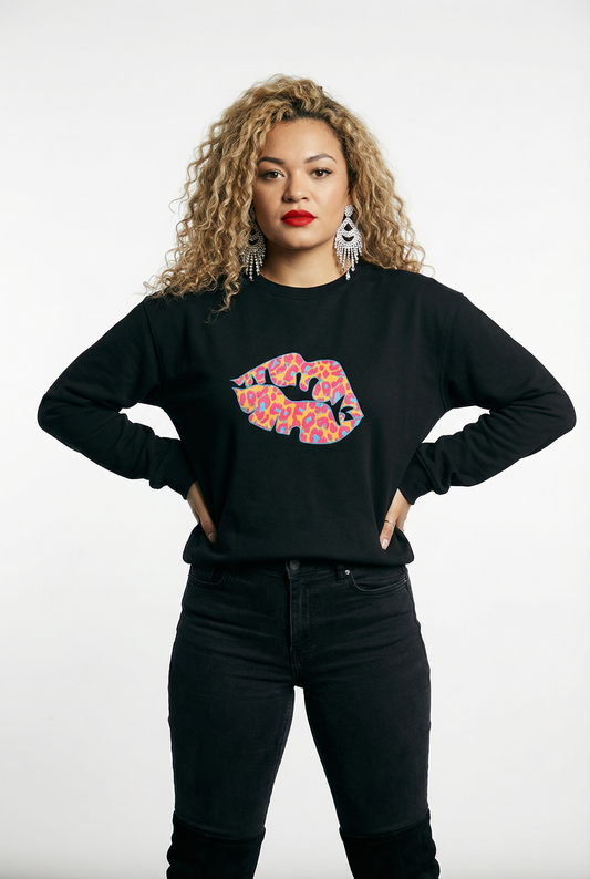 Black Oversize Sweatshirt With Orange And Blue Leopard Lip Print