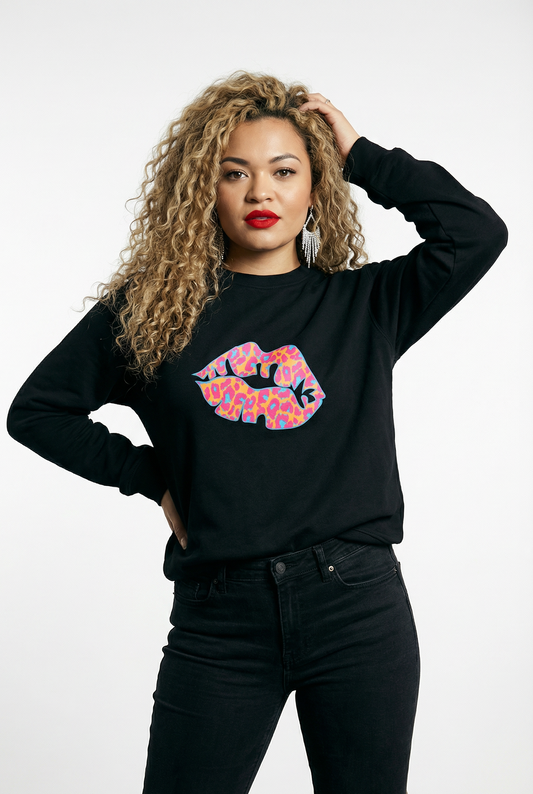 Black Oversize Sweatshirt With Orange And Blue Leopard Lip Print