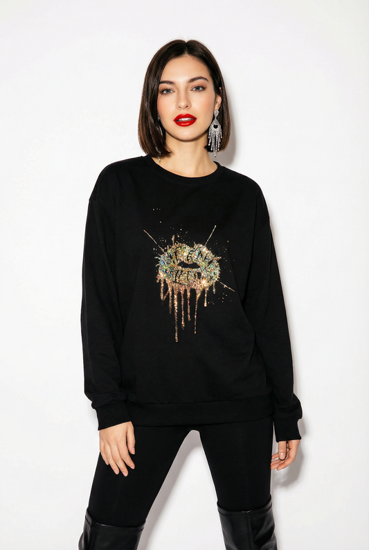 Gold Drip Splat Lip Print Jumper In Black