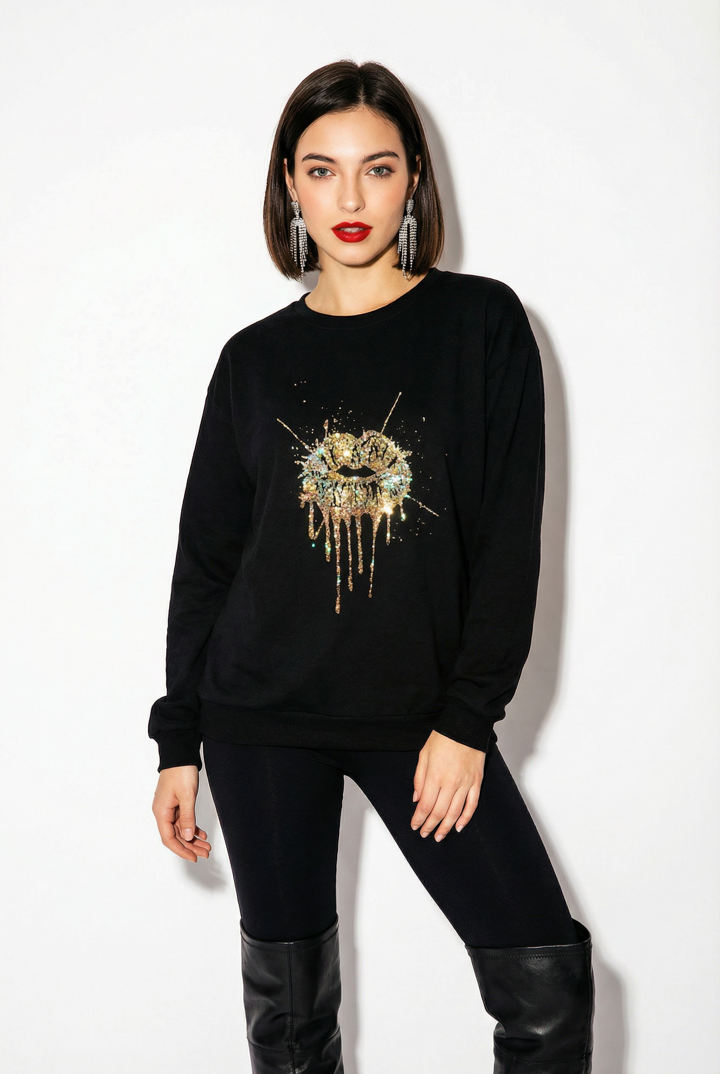 Gold Drip Splat Lip Print Jumper In Black