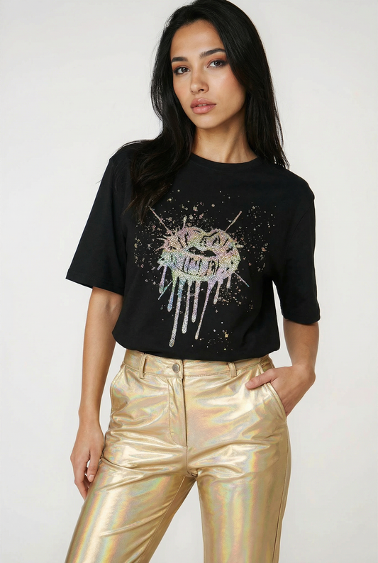 Gold Glitter Lip Drip Splat Print Tshirt In Black