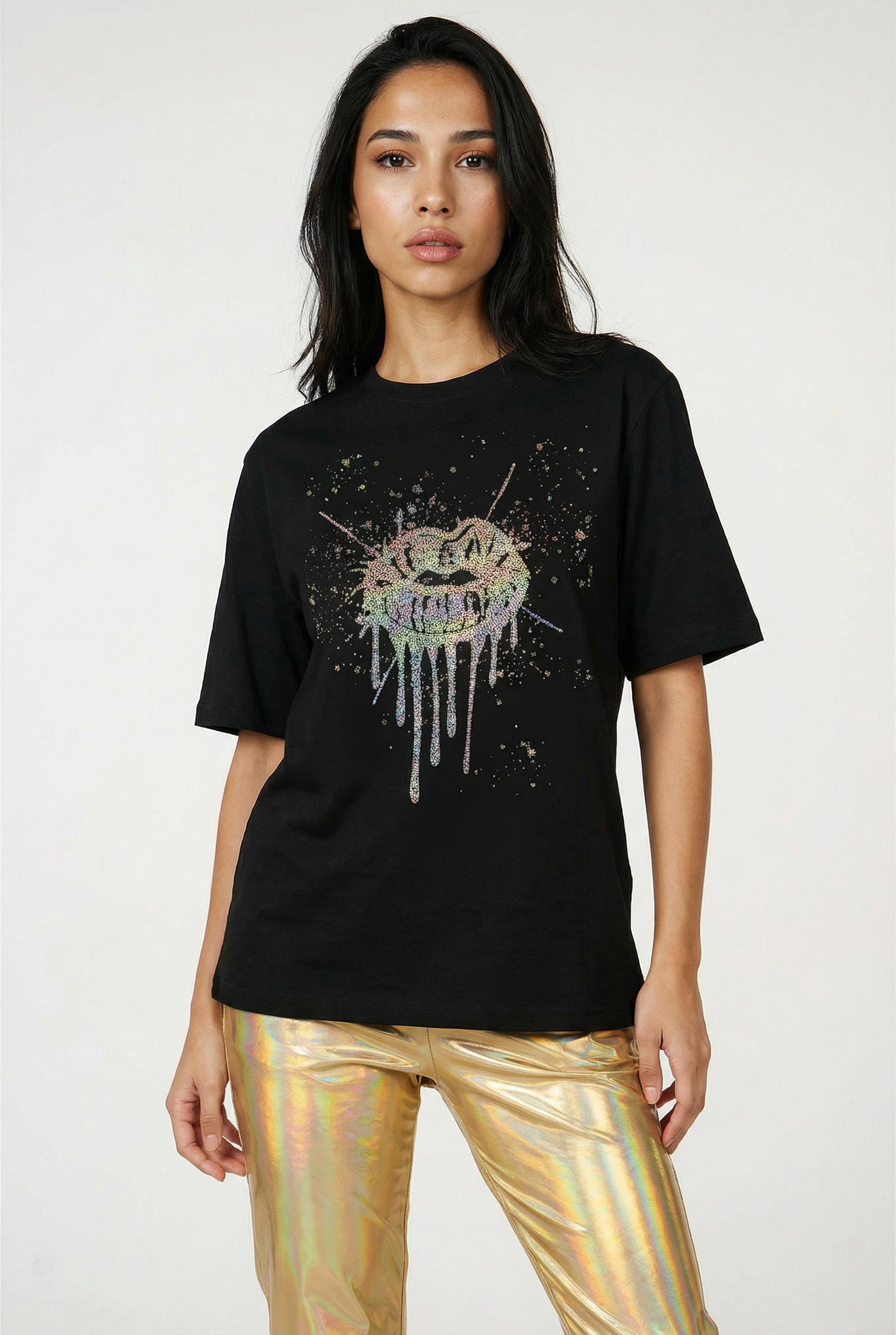 Gold Glitter Lip Drip Splat Print Tshirt In Black