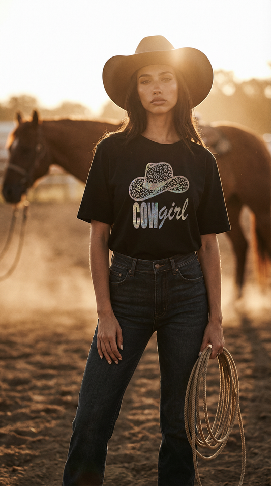 Gold Leopard Rodeo Cowgirl Tshirt in Black