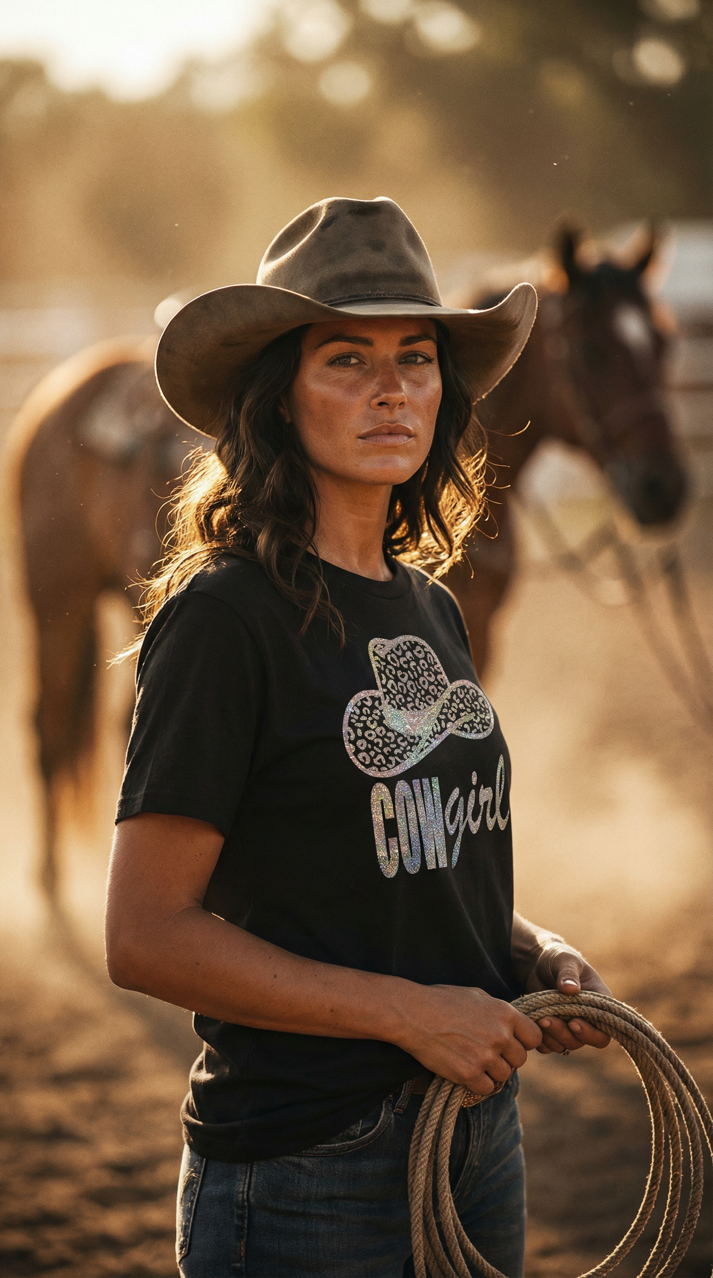 Gold Leopard Rodeo Cowgirl Tshirt in Black