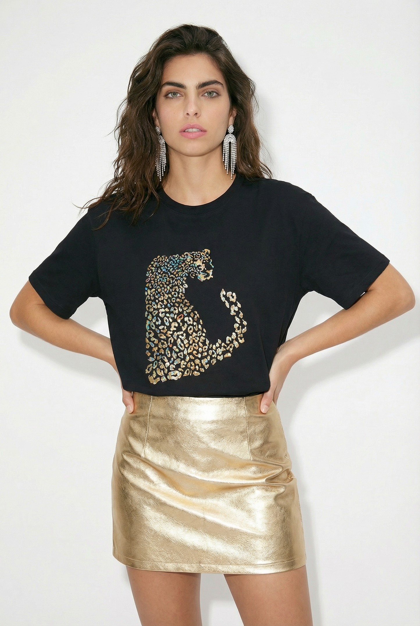 Gold Iridescent Leopard Tshirt In Black