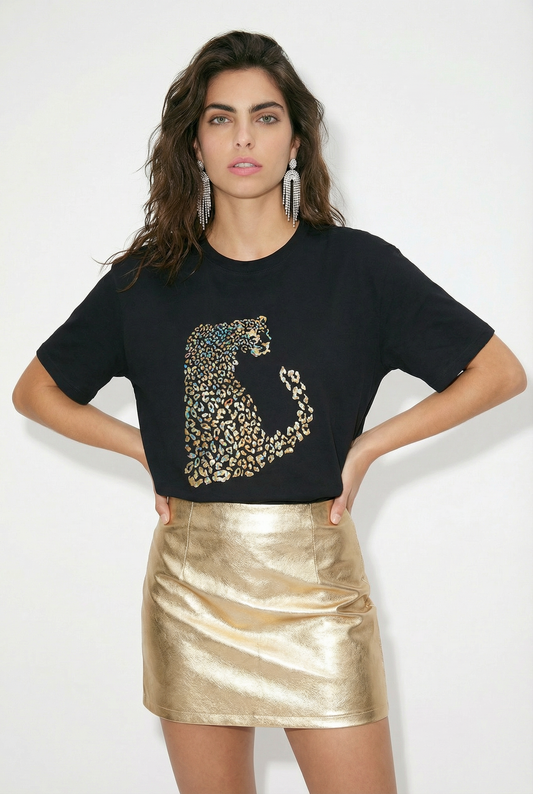 Gold Iridescent Leopard Tshirt In Black