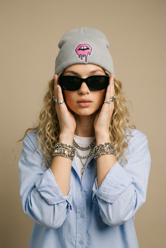 Grey Drip Lip Beanie Hat