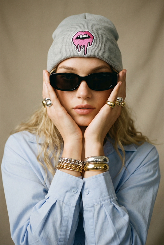 Grey Drip Lip Beanie Hat