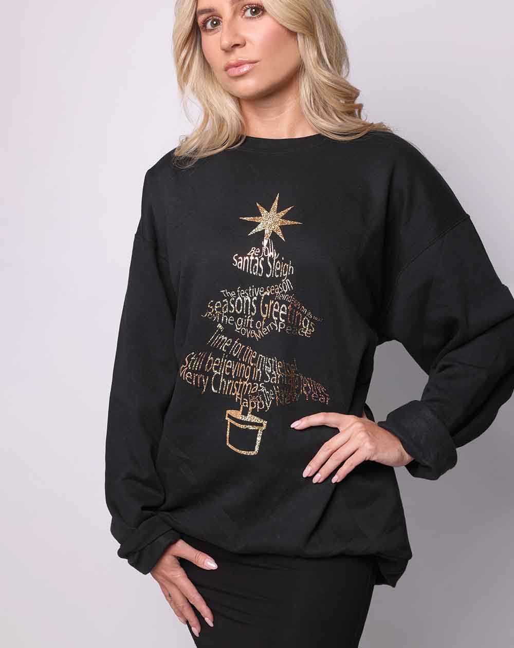 Glitter Christmas Tree Print Jumper in Black