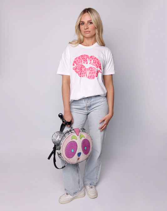 White Oversize T-shirt With Pink  Leopard Lip Print