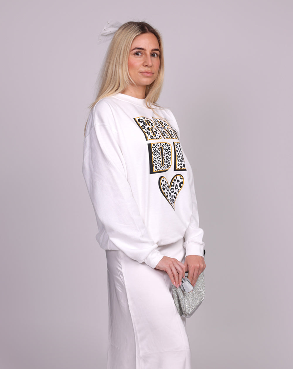 Personalized bride jumper with metallic gold leopard 'Happily Ever' print"