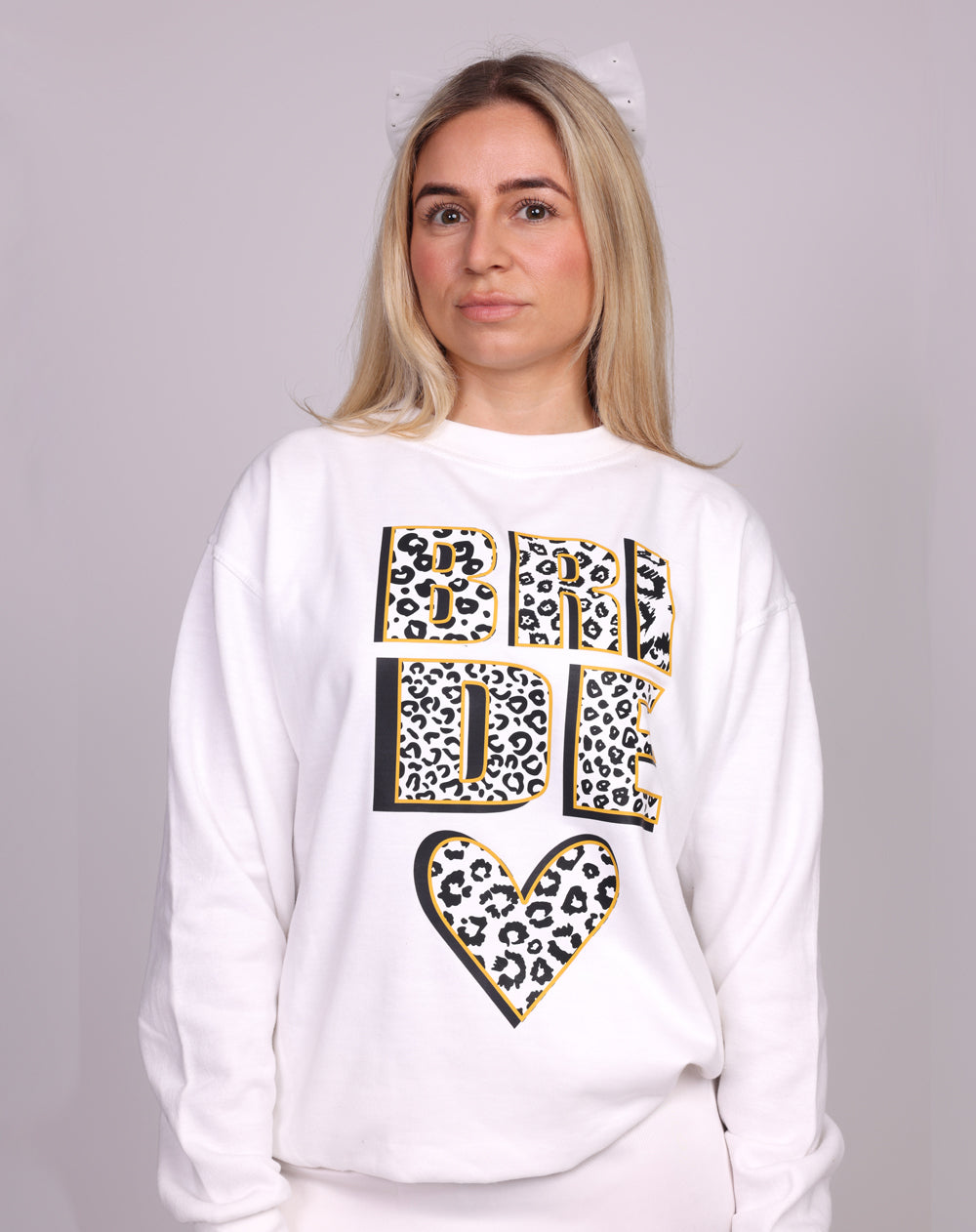 White bride sweatshirt with ‘Happily Ever’ in gold leopard print text
