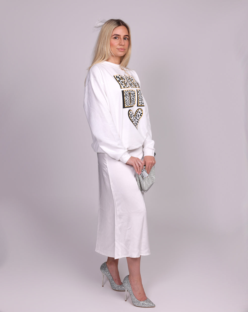 Custom bridal sweatshirt featuring gold wild leopard print slogan"
