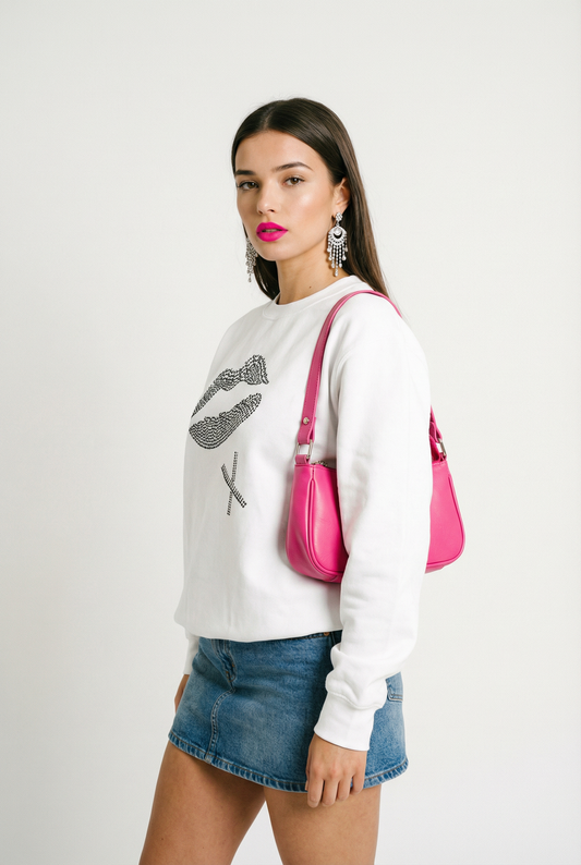 Kiss Black Text Lip Print Jumper In White