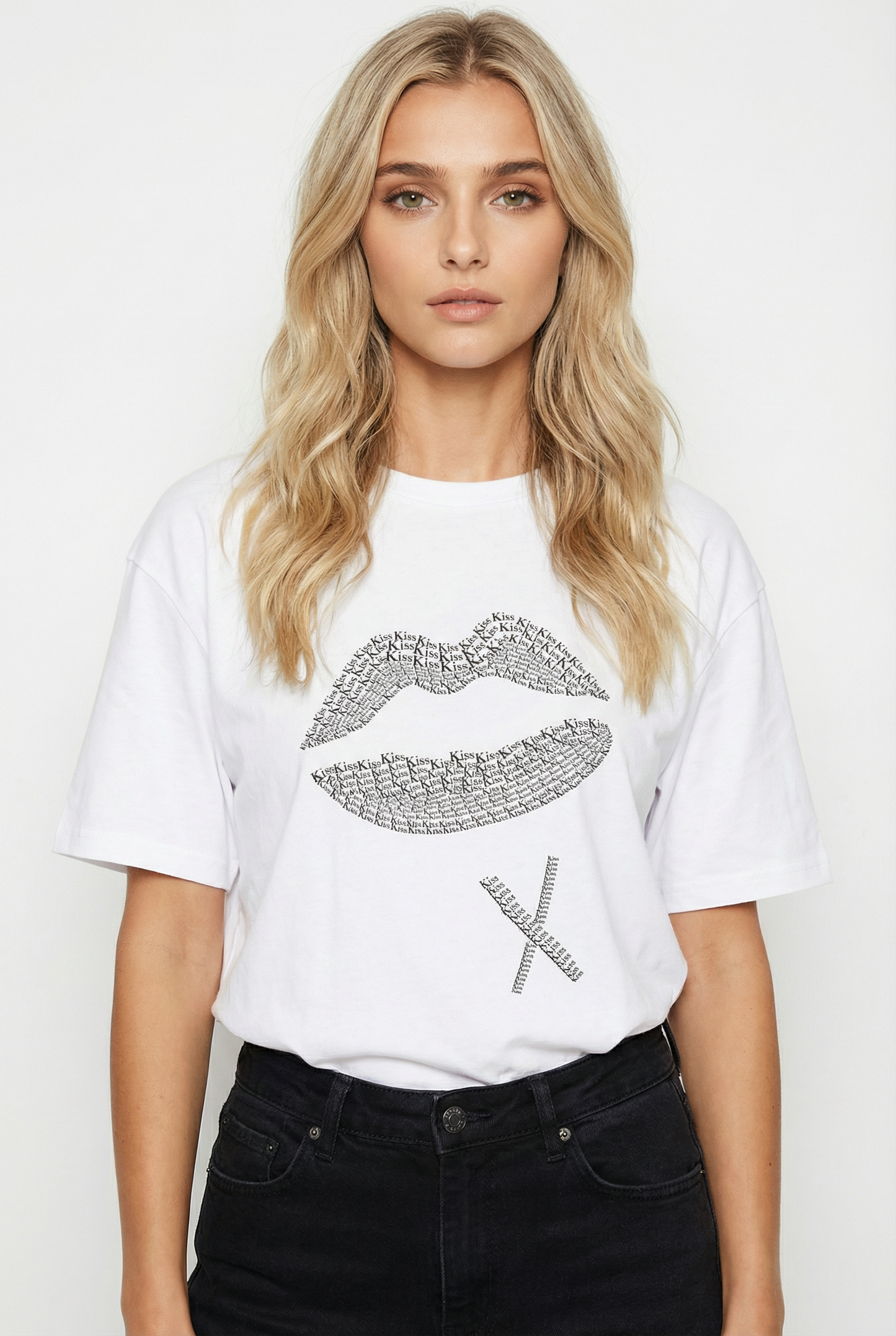 Kiss Black Text Lip Print T Shirt In White