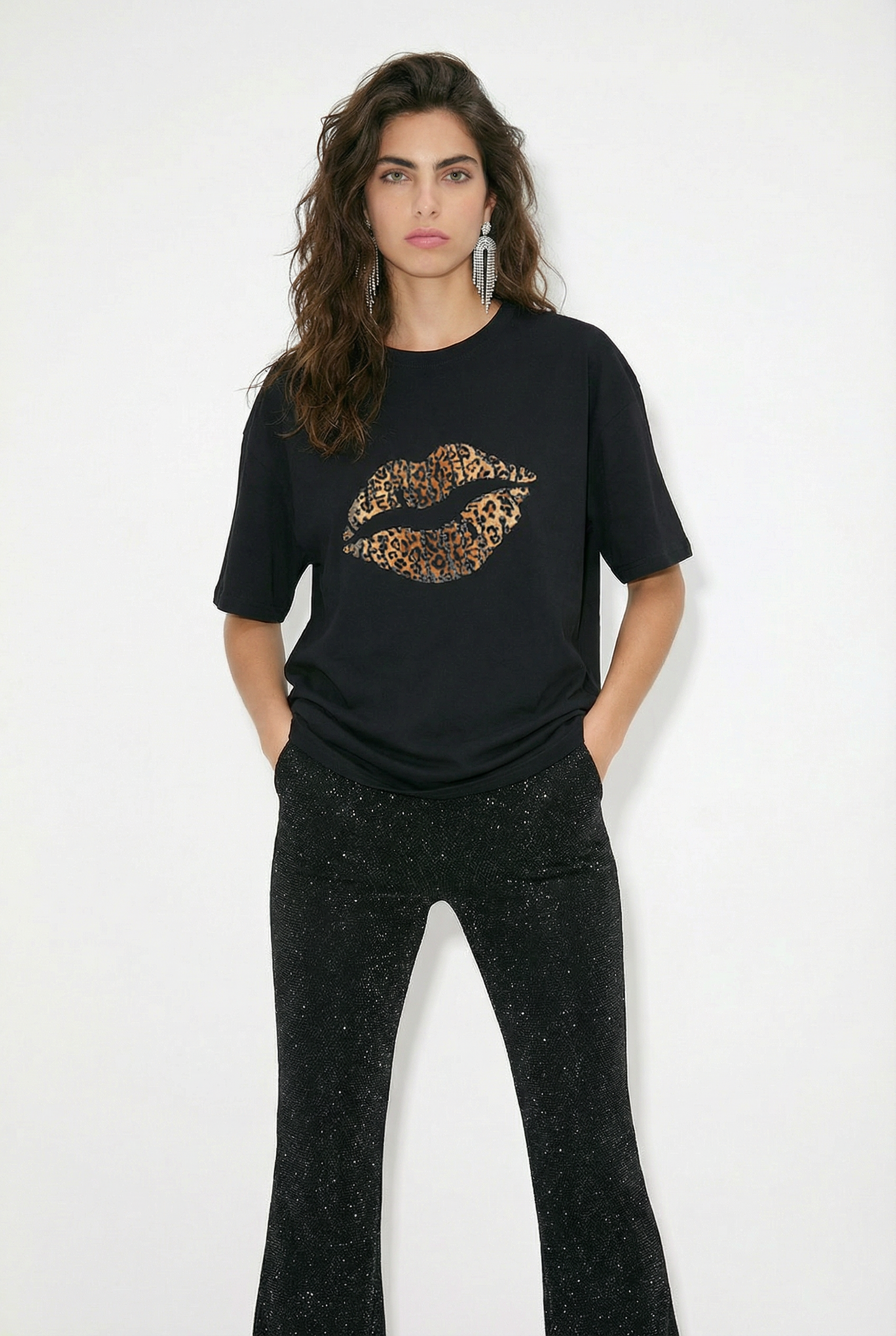 Leopard Lip Motif Top In Black