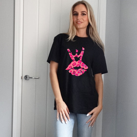 Black Tshirt With Pink and Blue Leopard Royal Kiss Print