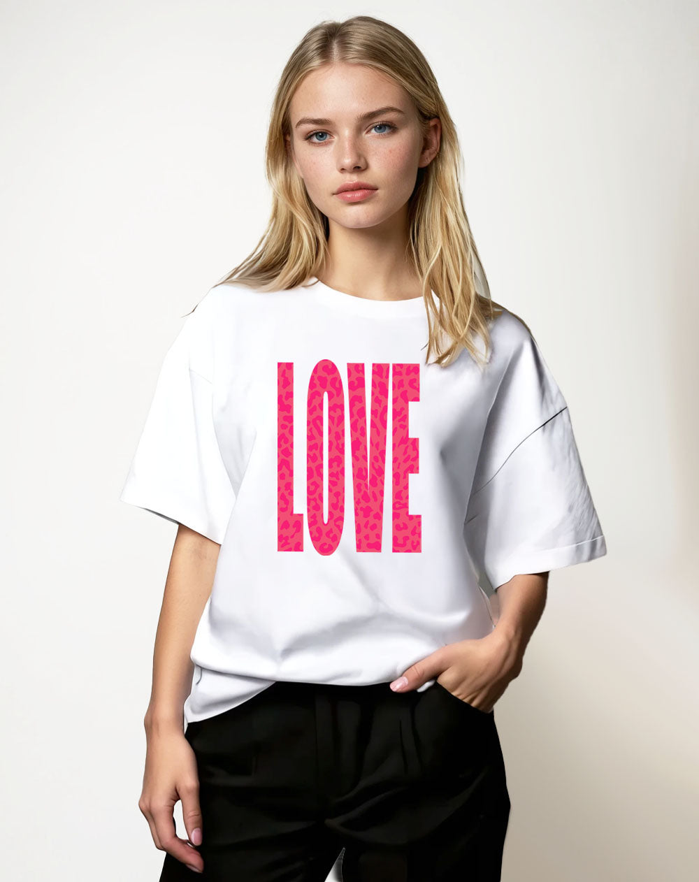 Pink Leopard Love Graphic Tshirt in White