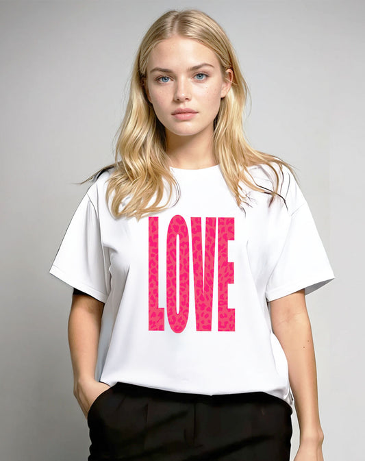 Pink Leopard Love Graphic Tshirt in White