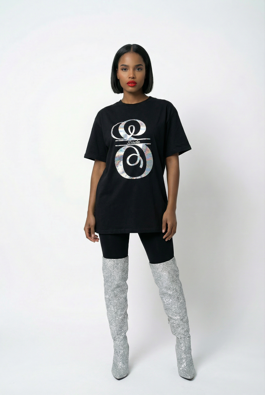 Personalised Monogram Letter Silver Outline Tshirt Top In Black