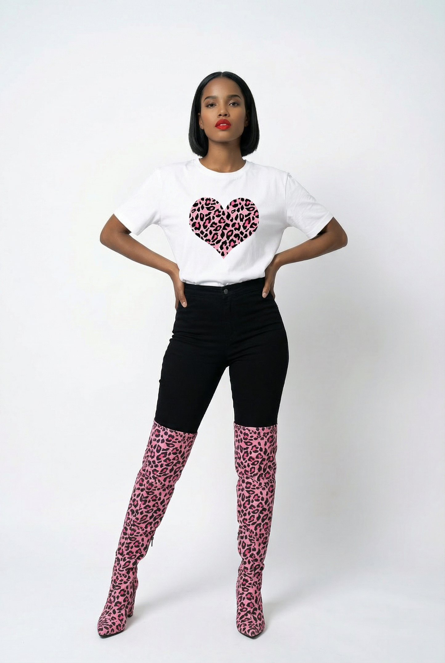 Pink And Rose Leopard Heart Print Tshirt In White