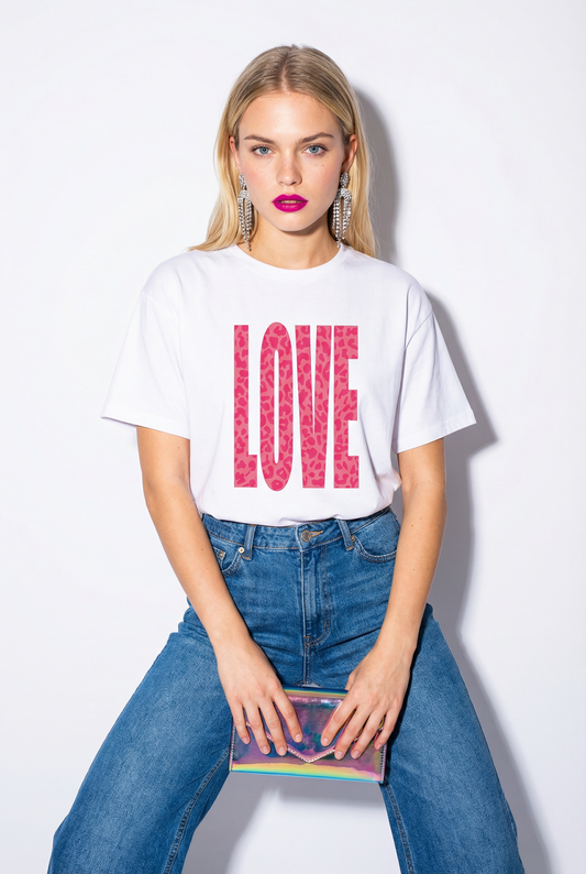 Pink Leopard Love Graphic Tshirt in White