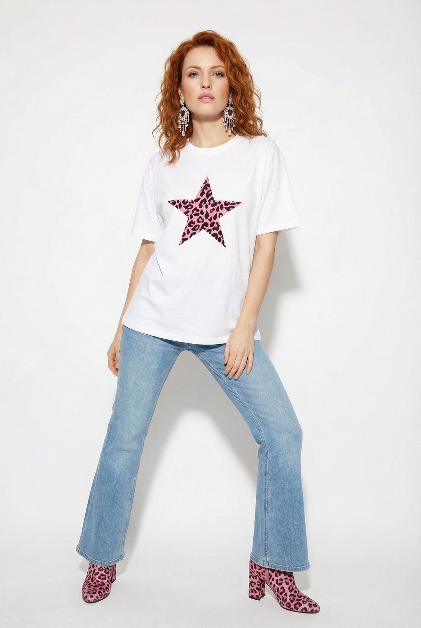 Pink Leopard Print Star Tshirt In White