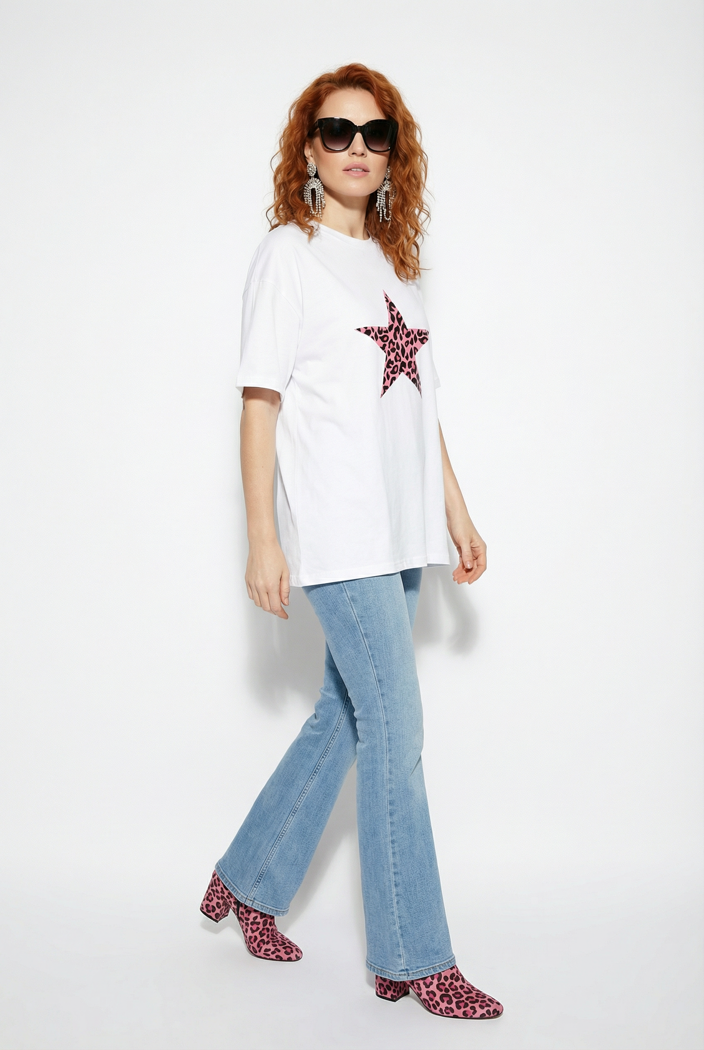Pink Leopard Print Star Tshirt In White