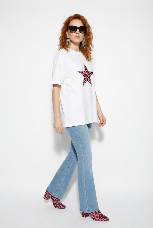 Pink Leopard Print Star Tshirt In White